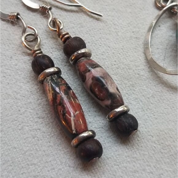 Bundle Two Pairs Artisan Handmade Natural Gemstone Beaded Drop Earrings Silver - Picture 3 of 5